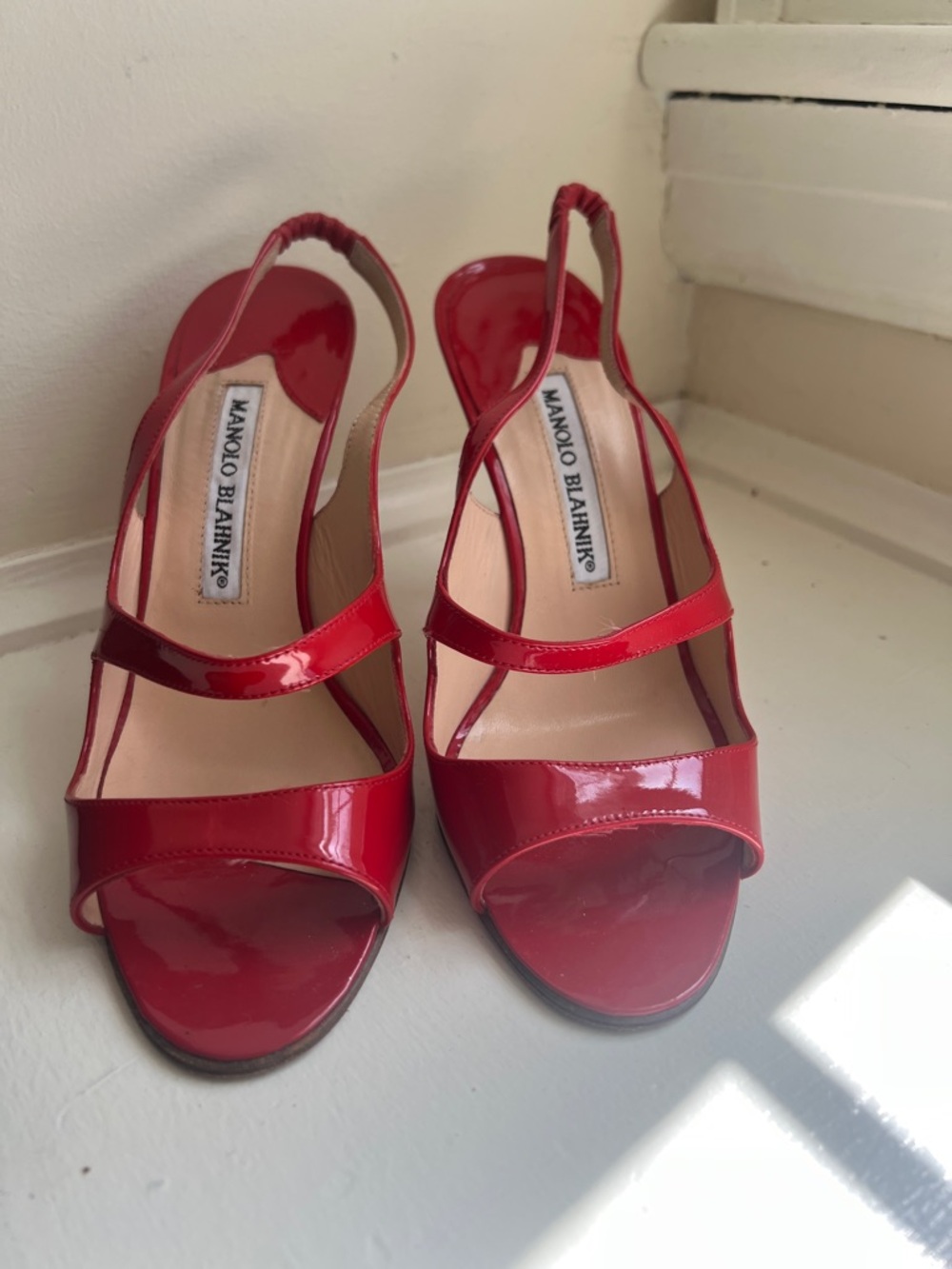 Manolo Blahnik Red Patent Leather Strappy Slingback Sandals